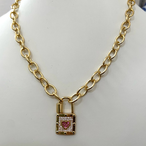 Heart Padlock Lock Charm Necklace with Oval Paperclip Link Carabiner - Picture 3 of 5